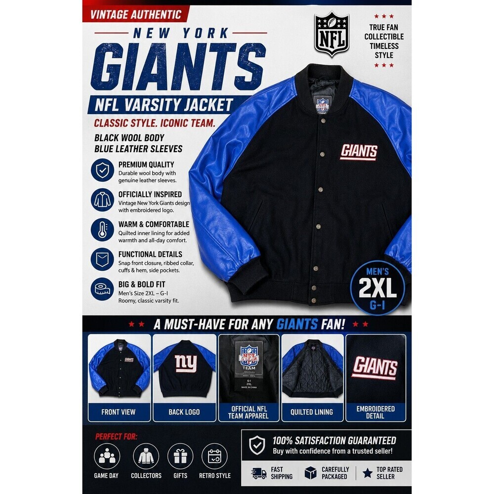 Vintage New York Giants NFL Varsity Jacket Black Blue Leather Wool Men's 2XL G-I